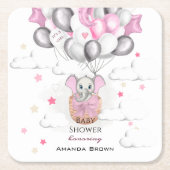 可愛いベビー象バルーンバスケットガールベビーシャワー スクエアペーパーコースター (正面)