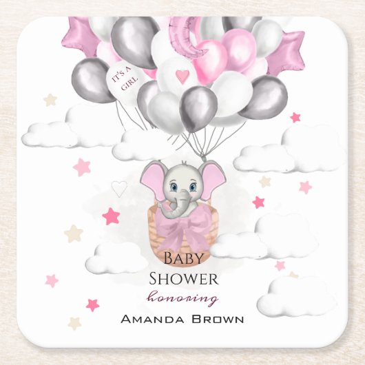 可愛いベビー象バルーンバスケットガールベビーシャワー スクエアペーパーコースター (正面)