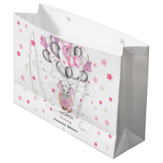 可愛いベビー象バルーンバスケットガールベビーシャワー ラージペーパーバッグ (正面アングル)