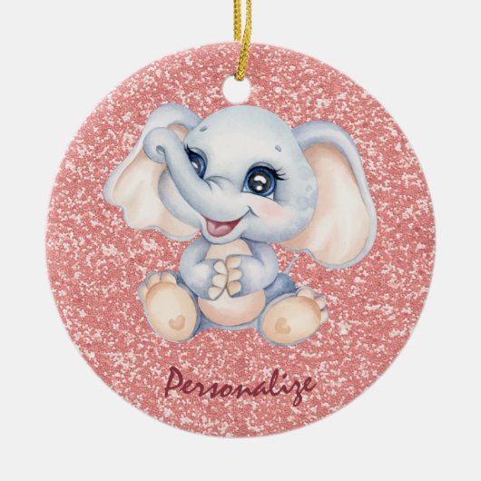 可愛いベビー象ピンクグリッターパーソナライズ セラミックオーナメント (正面)