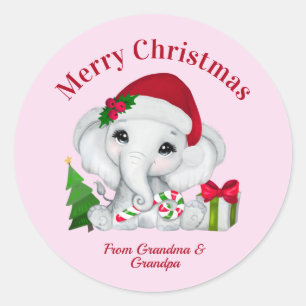 可愛いベビー象メリークリスマスピンク ラウンドシール