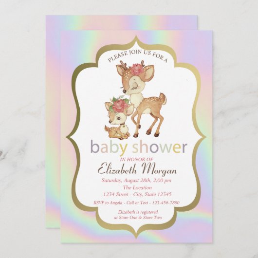 可愛いベビー鹿フレームホログラフィックベビーシャワー 招待状 (正面/裏面)