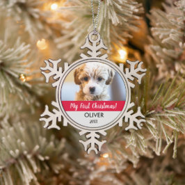 可愛いペット写真記念の子犬の初めてのクリスマス スノーフレークピューターオーナメント