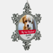 可愛いペット写真記念の子犬の初めてのクリスマス スノーフレークピューターオーナメント (左)