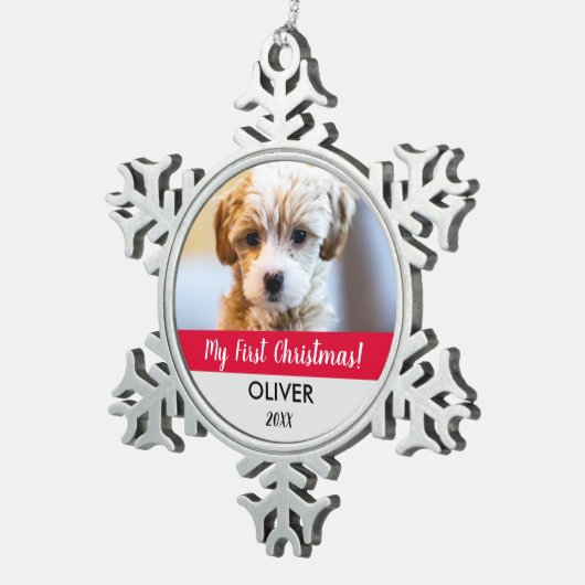 可愛いペット写真記念の子犬の初めてのクリスマス スノーフレークピューターオーナメント (右)