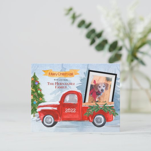 可愛いペット写真&家族写真レッドトラッククリスマス シーズンカード (スタンド正面)