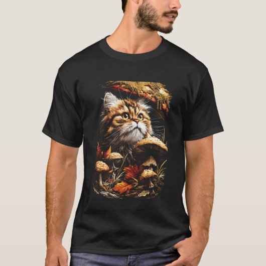 可愛いペルシャ猫と落ち葉 きのこ 秋 Tシャツ (正面)