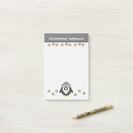 可愛いペンギンの星は子供を灰色の黄色に名前 ポストイット (デスク上)