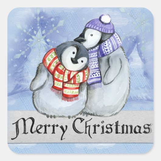 可愛いペンギンの群れ スクエアシール (正面)