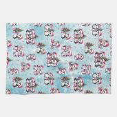 可愛いペンギン柄の青とピンクのクリスマス キッチンタオル (横)