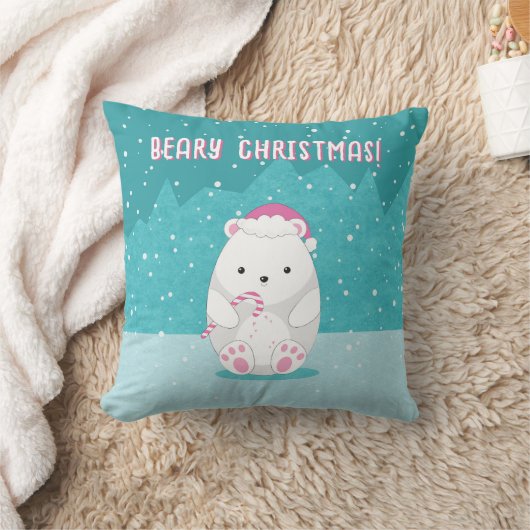 可愛いホッキョクグマのクリスマスの漫画の子供の名前ブルー クッション (ブランケット)