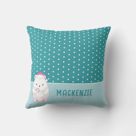 可愛いホッキョクグマのクリスマスの漫画の子供の名前ブルー クッション (裏面)