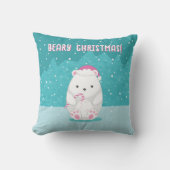可愛いホッキョクグマのクリスマスの漫画の子供の名前ブルー クッション (正面)