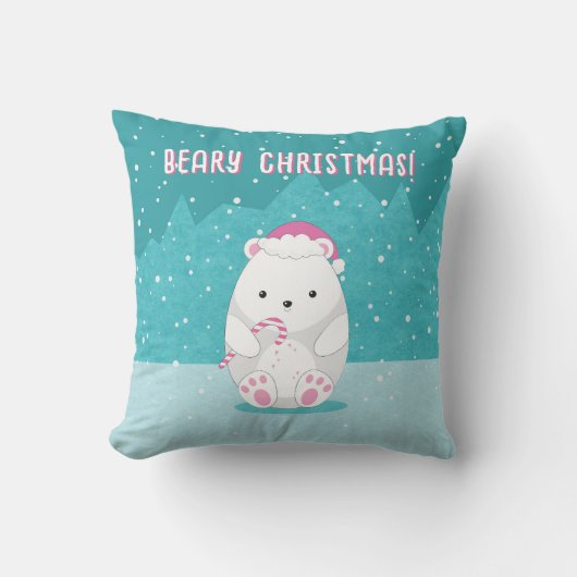 可愛いホッキョクグマのクリスマスの漫画の子供の名前ブルー クッション (正面)