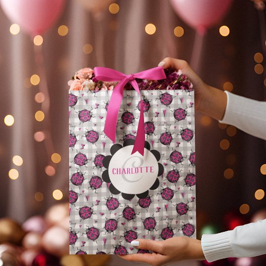 可愛いホットピンク&ブラックレディバグスケッチパターンキッズ スモールペーパーバッグ