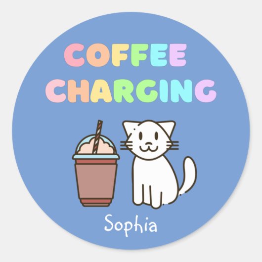 可愛いホワイトキャット&コおもしろいーヒフェインレインボークラス ラウンドシール (正面)