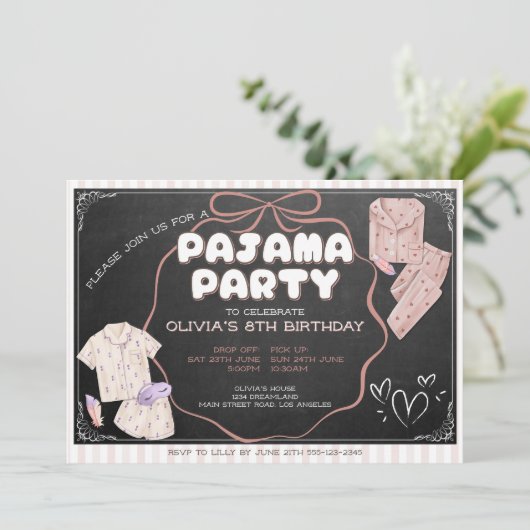 可愛いボウパジャマパーティー誕生日 招待状 (スタンド正面)