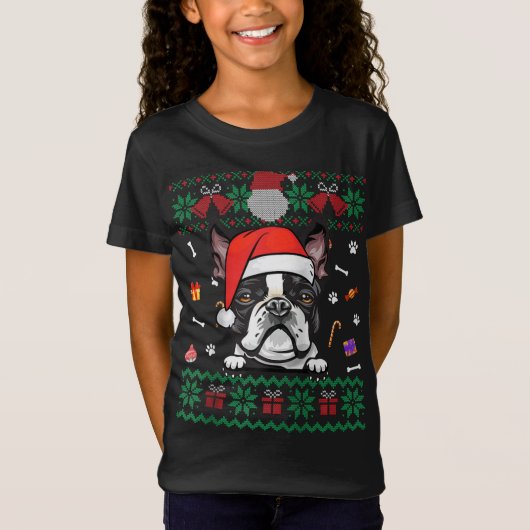 可愛いボストンテリア犬の醜いクリスマスセーターSan Tシャツ (正面)