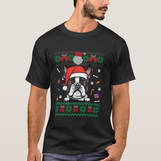 可愛いボストンテリア犬の醜いクリスマスセーターSan Tシャツ (正面)