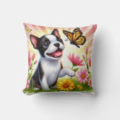 可愛いボストンテリア遊パピーと蝶 クッション (正面)