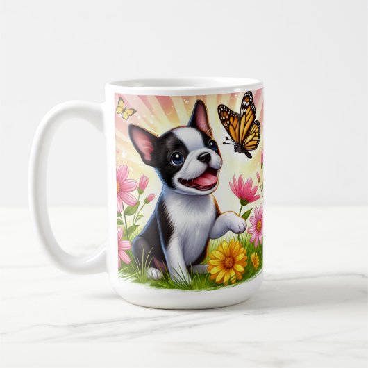 可愛いボストンテリア遊パピーと蝶 コーヒーマグカップ (左)