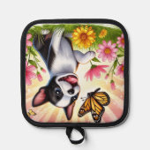 可愛いボストンテリア遊パピーと蝶 鍋敷き (正面)