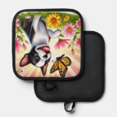 可愛いボストンテリア遊パピーと蝶 鍋敷き (正面/裏面)