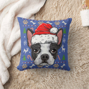 可愛いボストンテリア醜いクリスマスセーターサンタ クッション