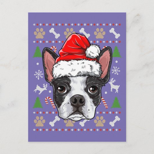 可愛いボストンテリア醜いクリスマスセーターサンタ ポストカード (正面)