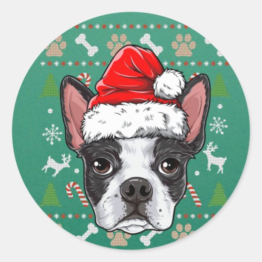 可愛いボストンテリア醜いクリスマスセーターサンタ ラウンドシール (正面)