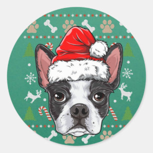 可愛いボストンテリア醜いクリスマスセーターサンタ ラウンドシール