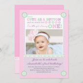可愛いボタン(パステル)最初の誕生日(写真) 招待状 (正面/裏面)