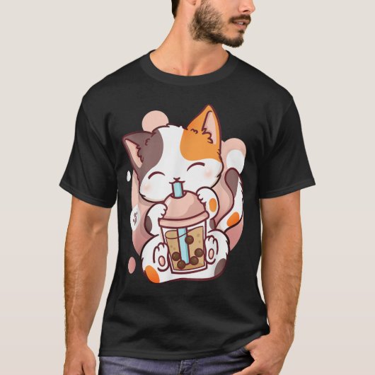 可愛いボバ猫のタピオカティーTシャツ Tシャツ (正面)