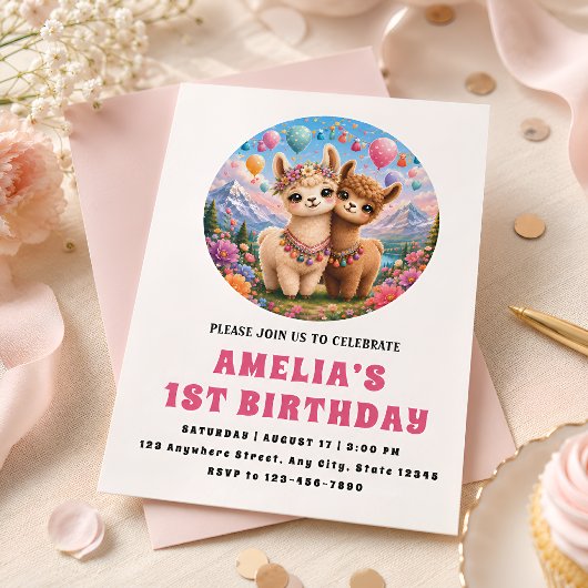 可愛いボヘミアン風アルパカの女の子1歳の誕生日招待状 招待状
