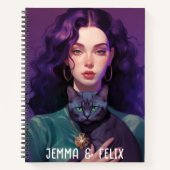 可愛いボホガール紫の毛黒猫モノグラム ノートブック (正面)