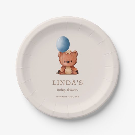 可愛いボホベアブルーバルーンベビーシャワー ペーパープレート (正面)