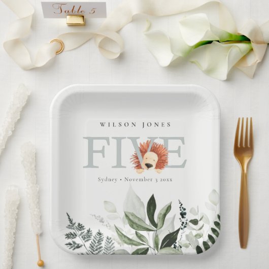 可愛いボホライオンの葉の5回目の誕生日パーティー ペーパープレート (ウェディング)