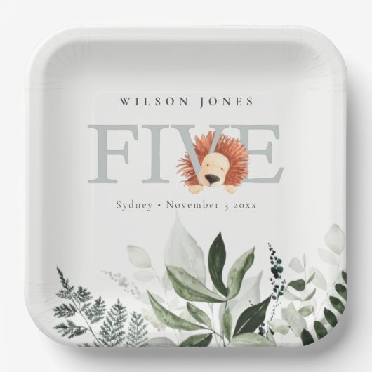 可愛いボホライオンの葉の5回目の誕生日パーティー ペーパープレート (正面)