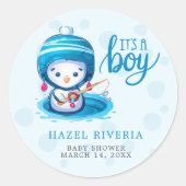 可愛いボーイブルーペンギン魚釣り ラウンドシール (正面)