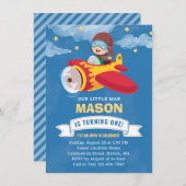 可愛いボーイ飛行機1歳パーティー 招待状 (正面/裏面)