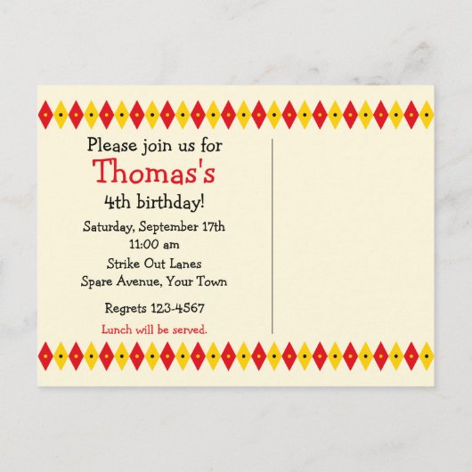 可愛いボーリングピン誕生日招待状はがき インビテーションポストカード (裏面)