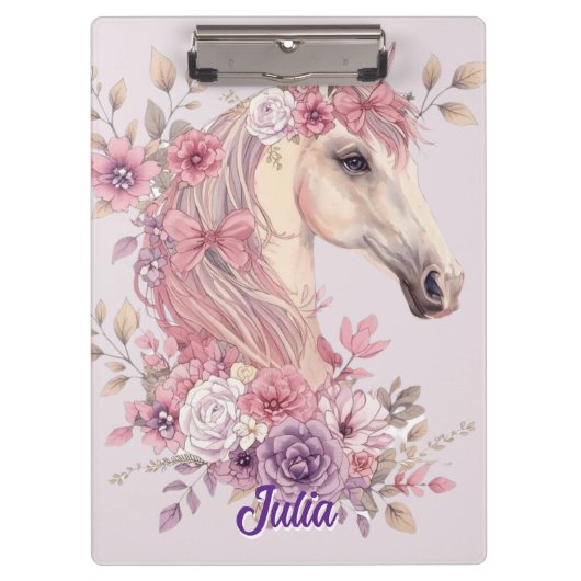 可愛いポニー パステルカラーの花と馬 クリップボード (正面)