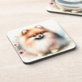 可愛いポメラニア犬水彩イラストレーション コースター (左側)
