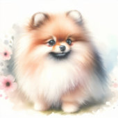 可愛いポメラニア犬水彩イラストレーション シール (正面)