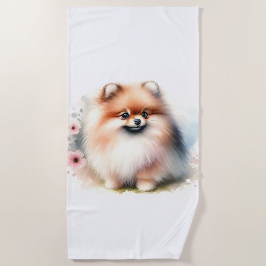 可愛いポメラニア犬水彩イラストレーション ビーチタオル (正面)
