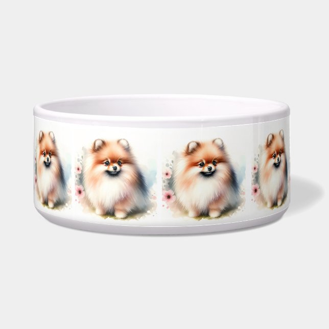 可愛いポメラニア犬水彩イラストレーション ボウル (正面)