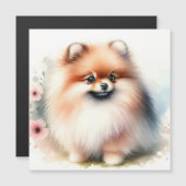 可愛いポメラニア犬水彩イラストレーション マグネット招待状 (正面/裏面)