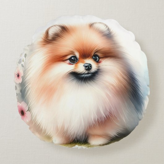 可愛いポメラニア犬水彩イラストレーション ラウンドクッション (正面)