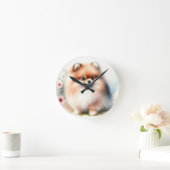 可愛いポメラニア犬水彩イラストレーション ラウンド壁時計 (ホーム)