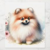 可愛いポメラニア犬水彩イラストレーション ワインラベル (シングルラベル)